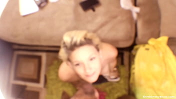 Tiny Blonde Sub Eagerly Swallows Black Cock’s Load
